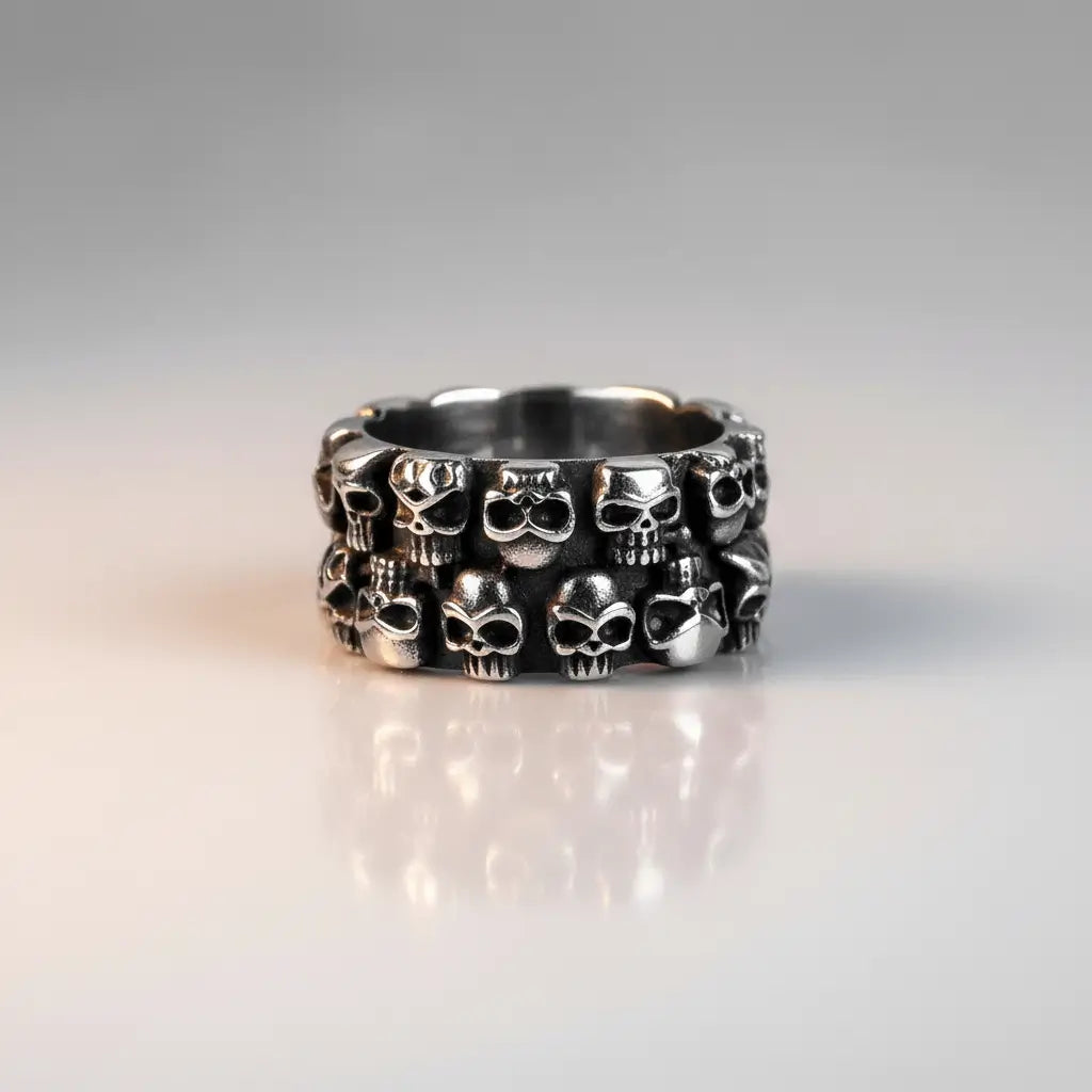Bague des Crânes Liés en métal argenté, vue produit sur fond clair.