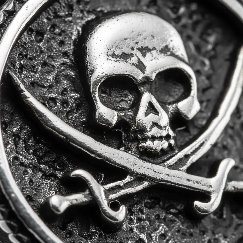 Gros plan sur la gravure de la bague du flibustier maudit 316L, crâne et sabres croisés.
