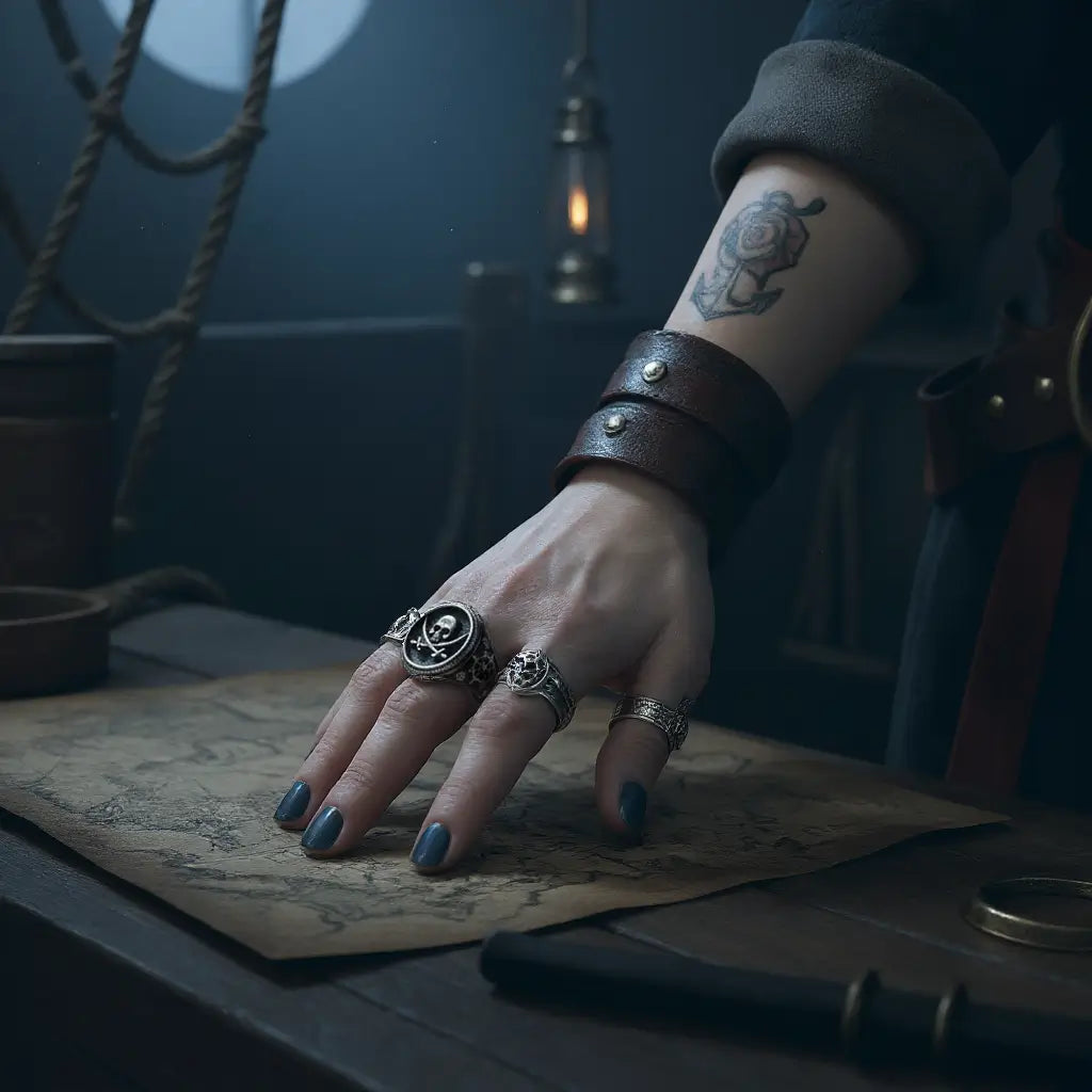 Bague du flibustier maudit portée sur une main de femme posée sur une carte au trésor, dans une cabine de navire.