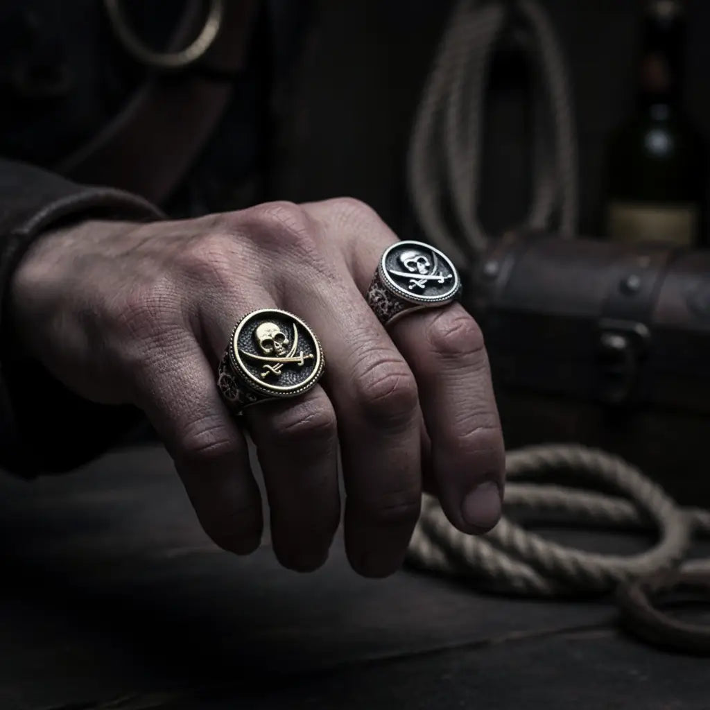 Main d’un pirate portant les deux bagues argent et or du flibustier maudit 316L, ambiance dramatique sombre.