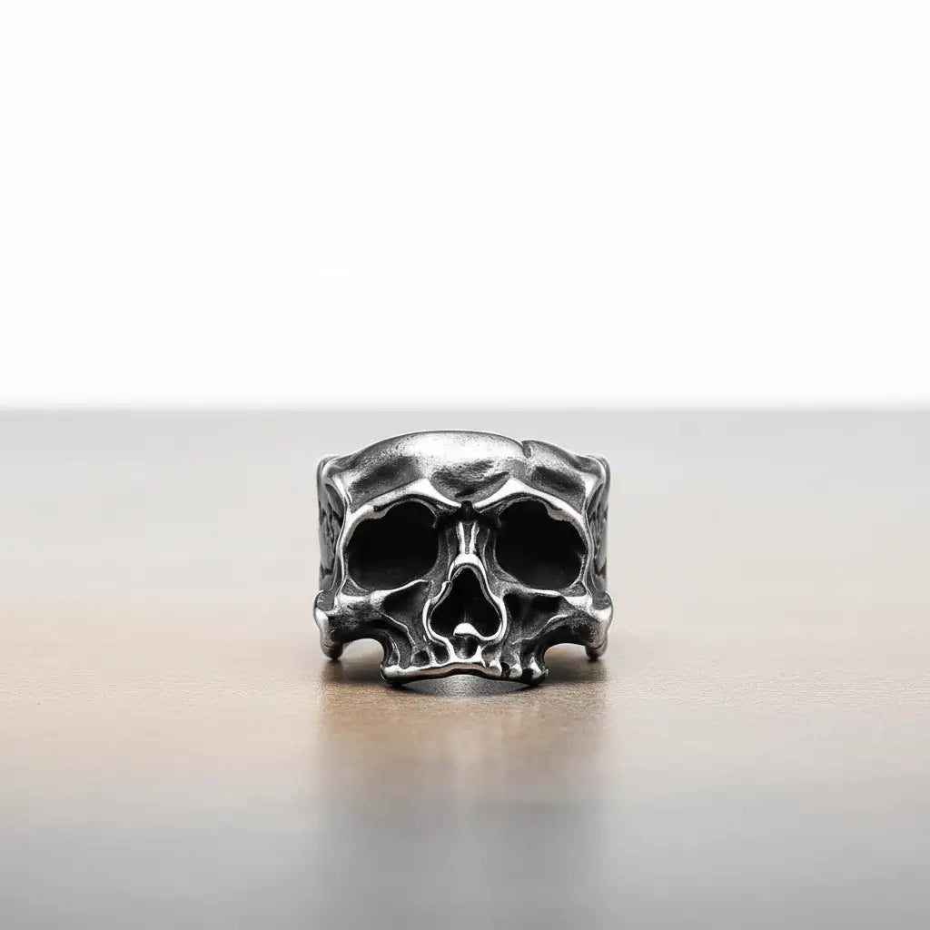 Bague du Fragment Crânien en métal sombre, vue produit sur fond clair.