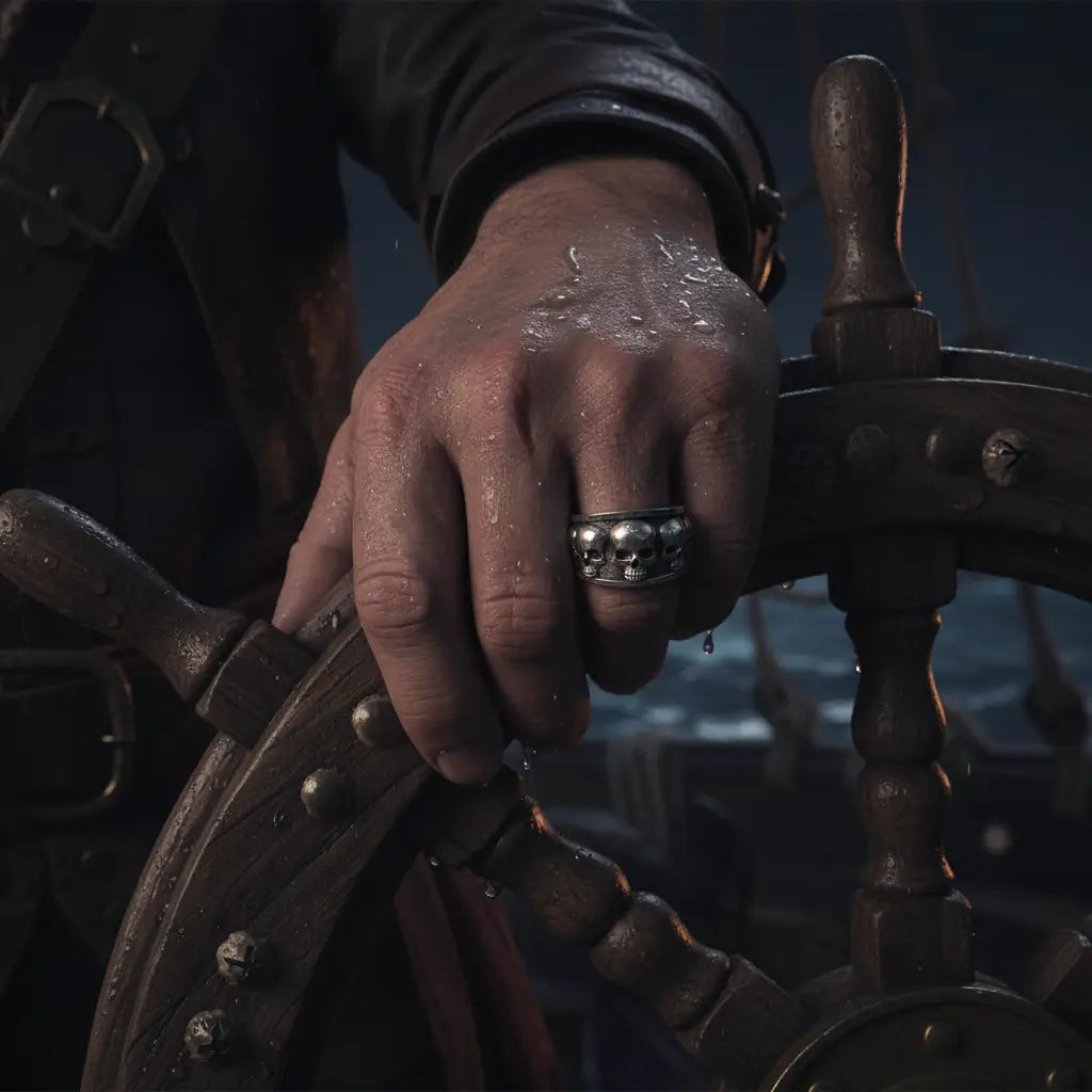 Homme portant la Bague Fraternité des Ombres à la barre d’un navire sous une pluie nocturne.