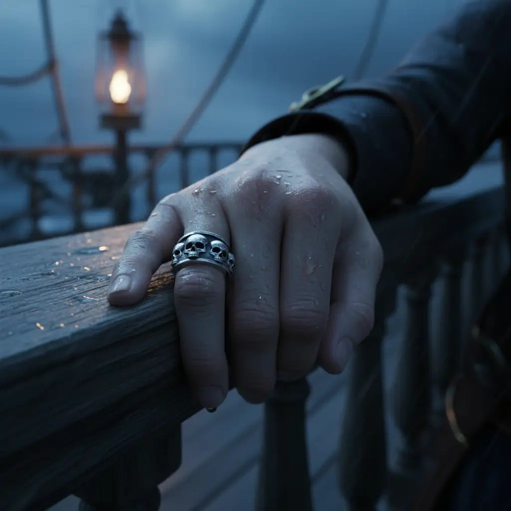 Main d’une femme posée sur le pont d’un bateau, portant la Bague Fraternité des Ombres, ambiance sombre.