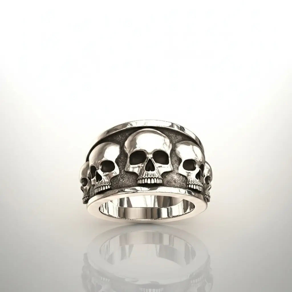 Bague Fraternité des Ombres présentée sur fond blanc, anneau massif et motif de crânes.
