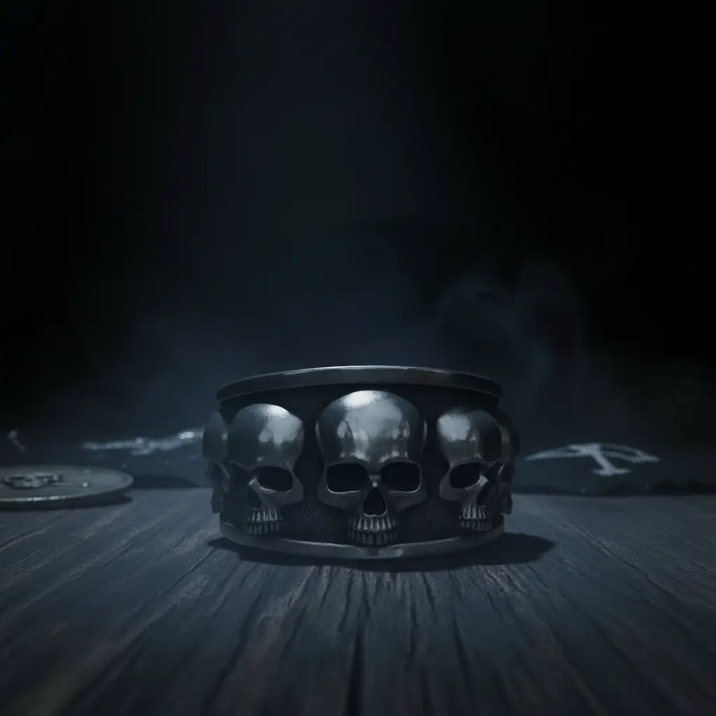Bague Fraternité des Ombres posée sur une table en bois sombre entourée de brume, ambiance ténébreuse.