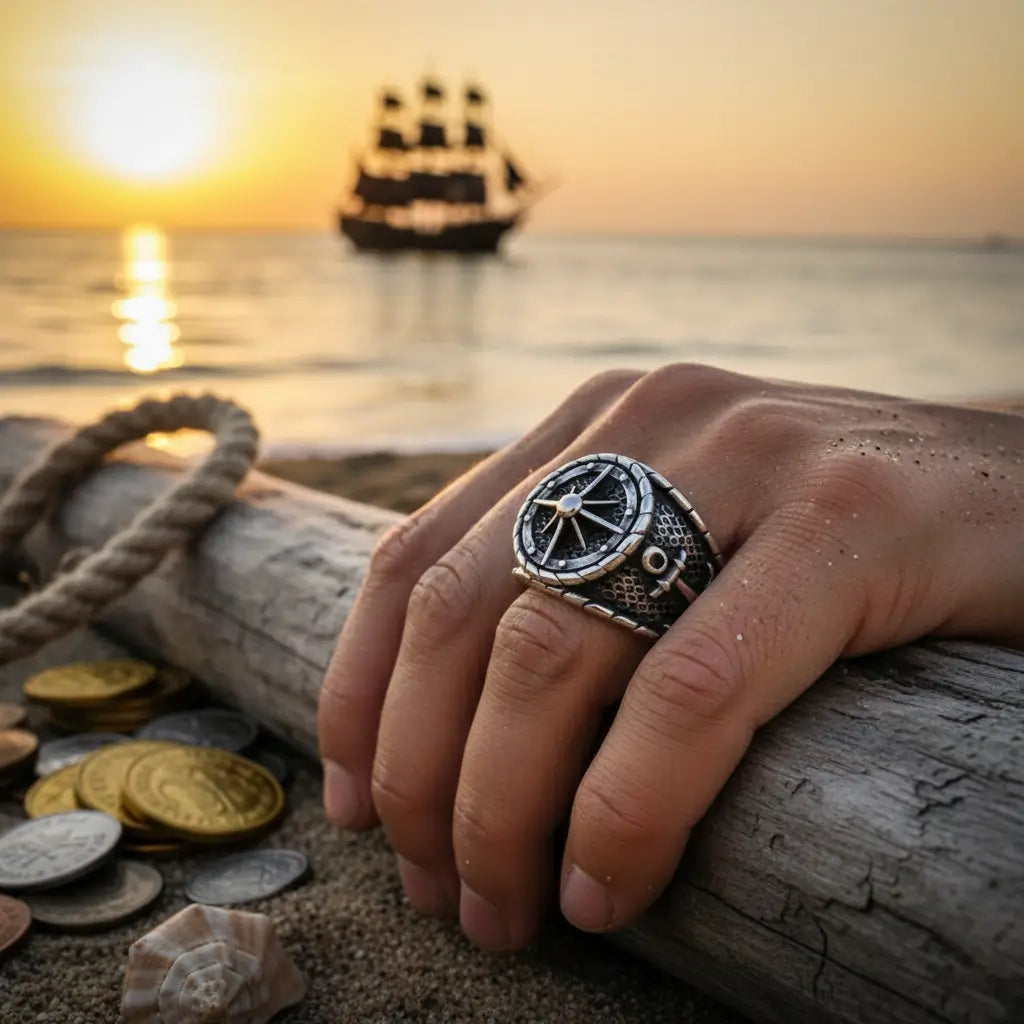 Main masculine portant la bague gouvernail du capitaine 316L, navire au coucher du soleil en arrière-plan.