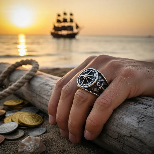 Main masculine portant la bague gouvernail du capitaine 316L, navire au coucher du soleil en arrière-plan.