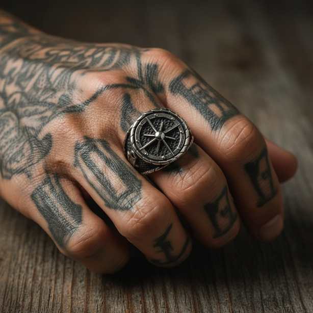 Bague gouvernail pirate portée sur une main tatouée, style capitaine et aventurier.