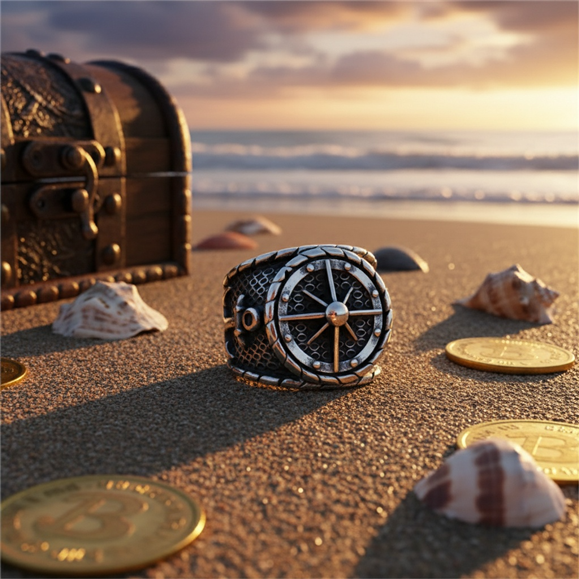 Bague gouvernail pirate en acier inoxydable posée sur le sable au coucher du soleil, ambiance marine.