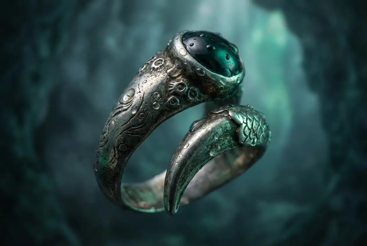 La Griffe du veilleur en suspension, soit une bague en argent avec une pierre verte sombre qui arbore une prolongation incurvée avec une griffe.