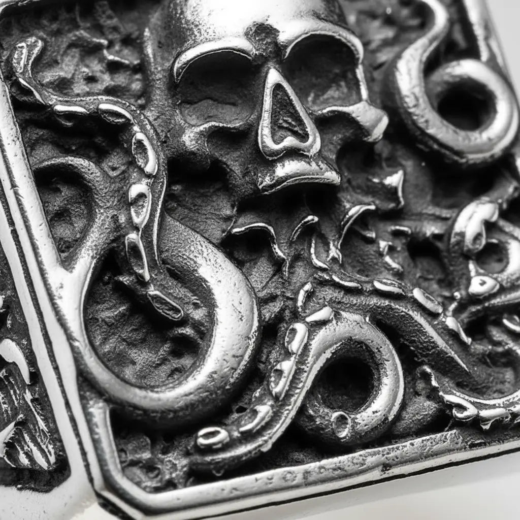 Gros plan sur la gravure de la bague Kraken 316L, montrant le crâne et les tentacules en relief.
