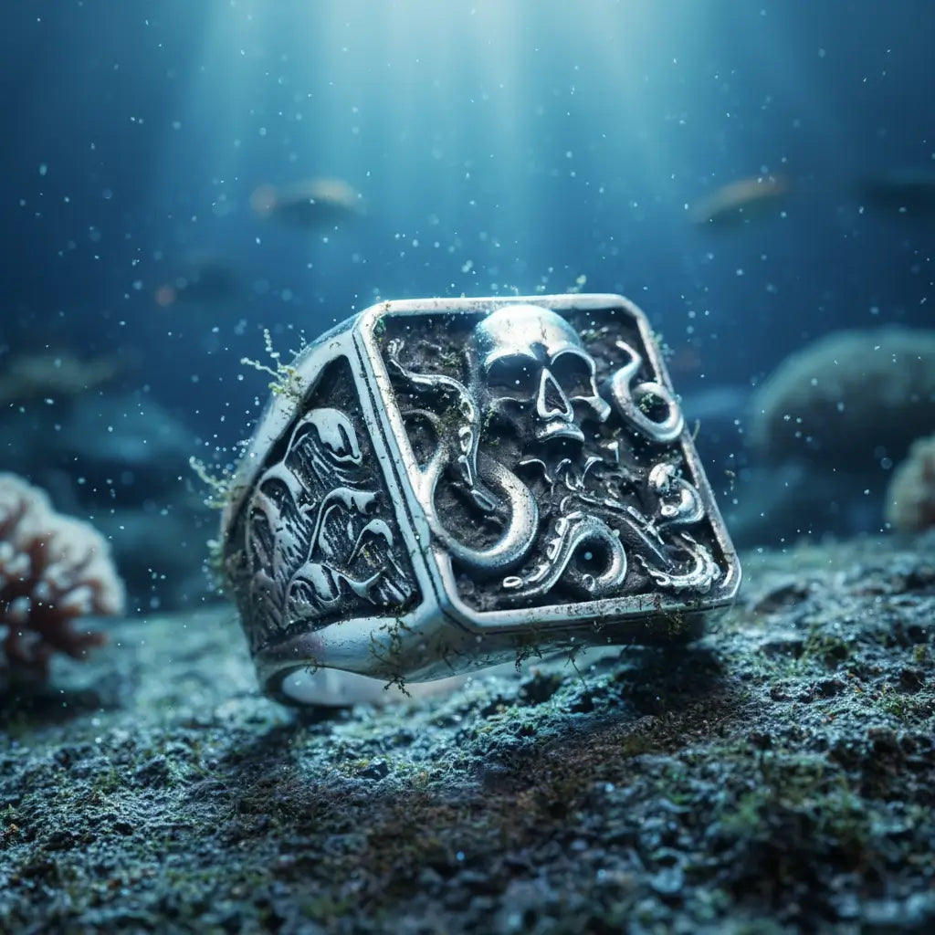 Bague Kraken en acier 316L posée sur le fond marin, éclairée par des rayons de lumière filtrant sous l’eau.