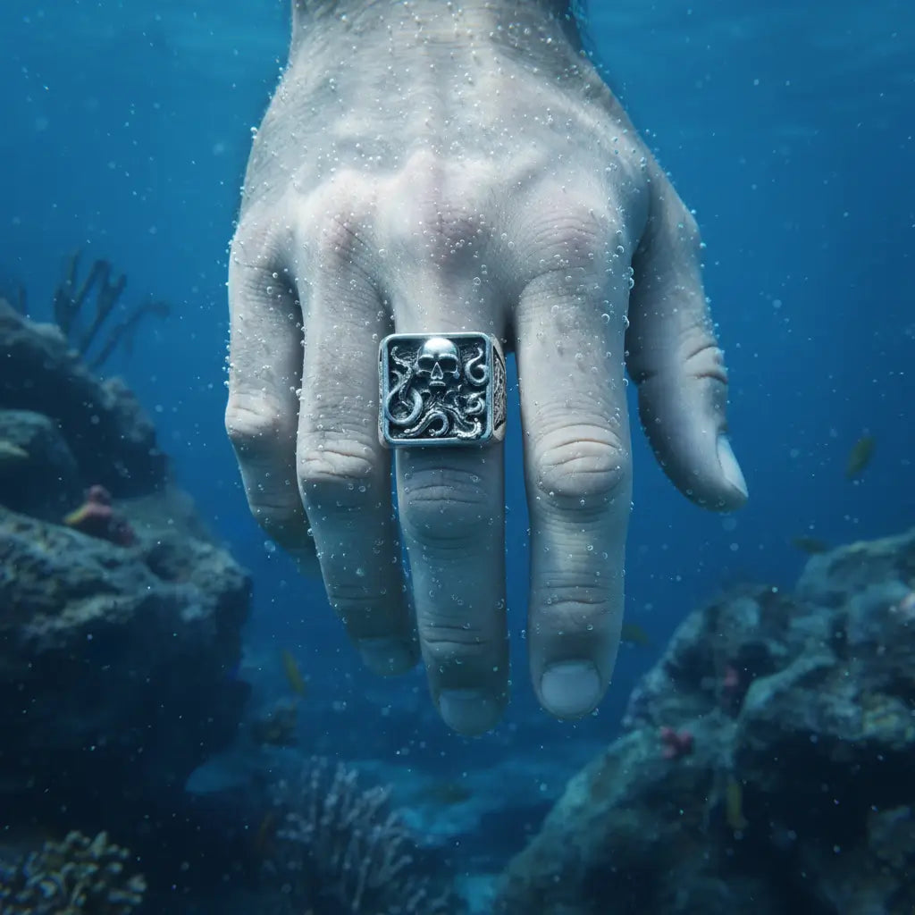 Main masculine portant la bague Kraken 316L dans les profondeurs sous-marines, ambiance abyssale.