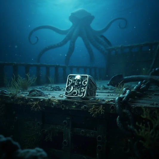 Bague Kraken 316L posée sur un coffre englouti dans une épave, tentacules du monstre en arrière-plan.