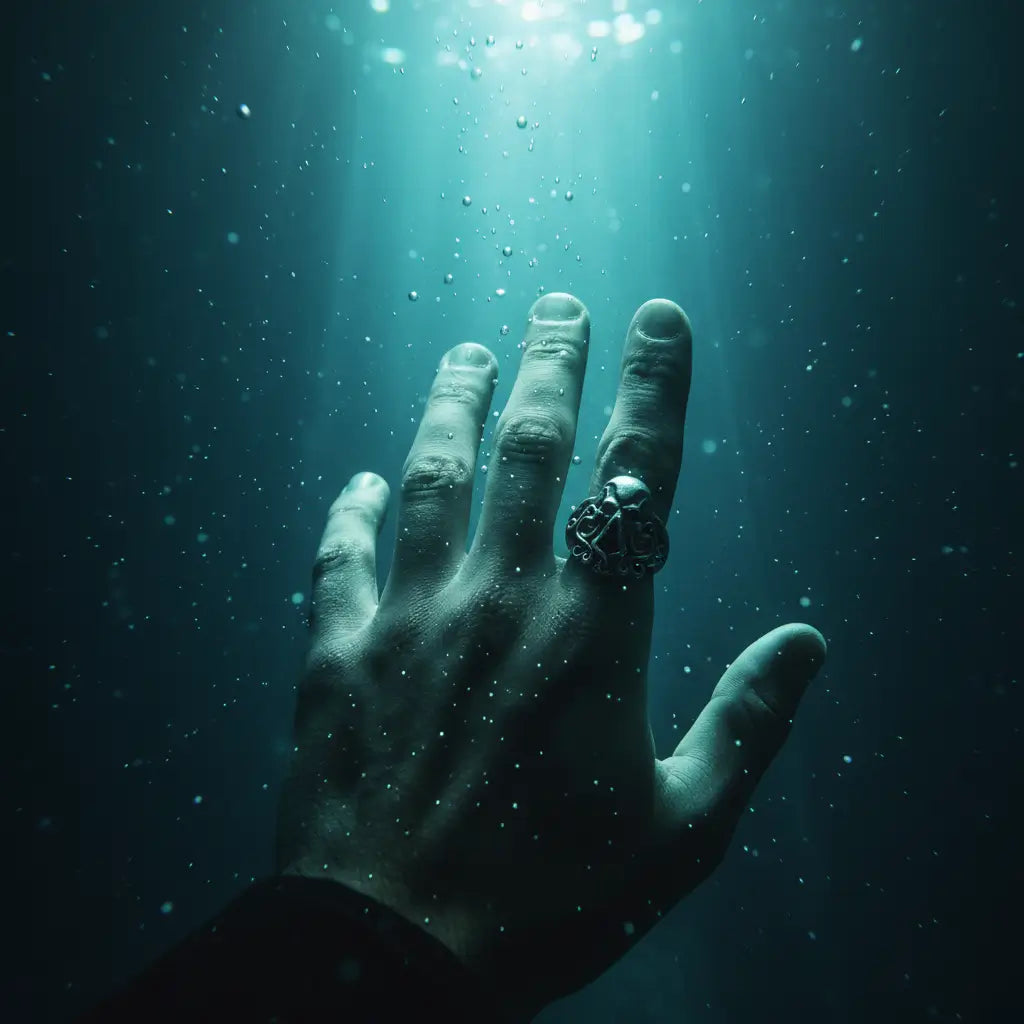 Bague Kraken Impérial en acier, main dans les abysses lumineuses.