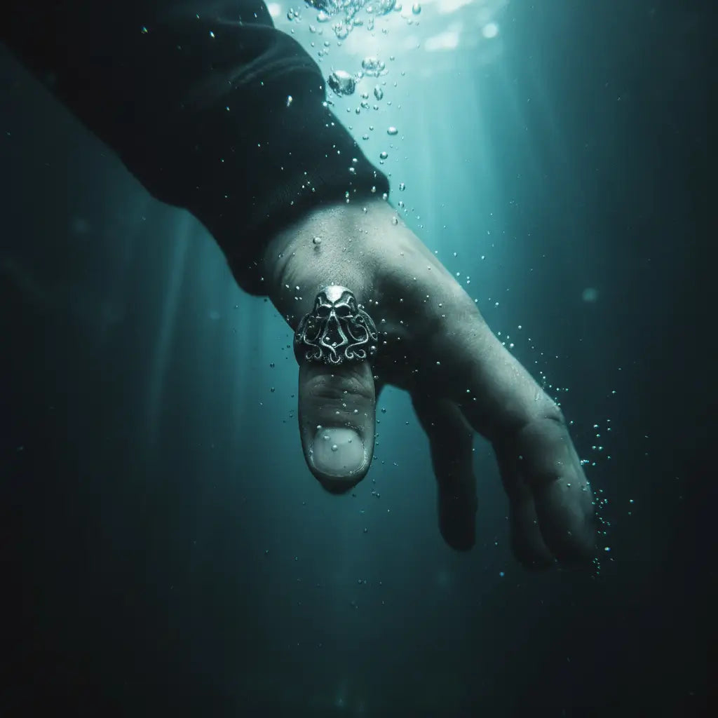 Main d’homme portant la bague Kraken Impérial à son pouce, dans les profondeurs de l’océan.