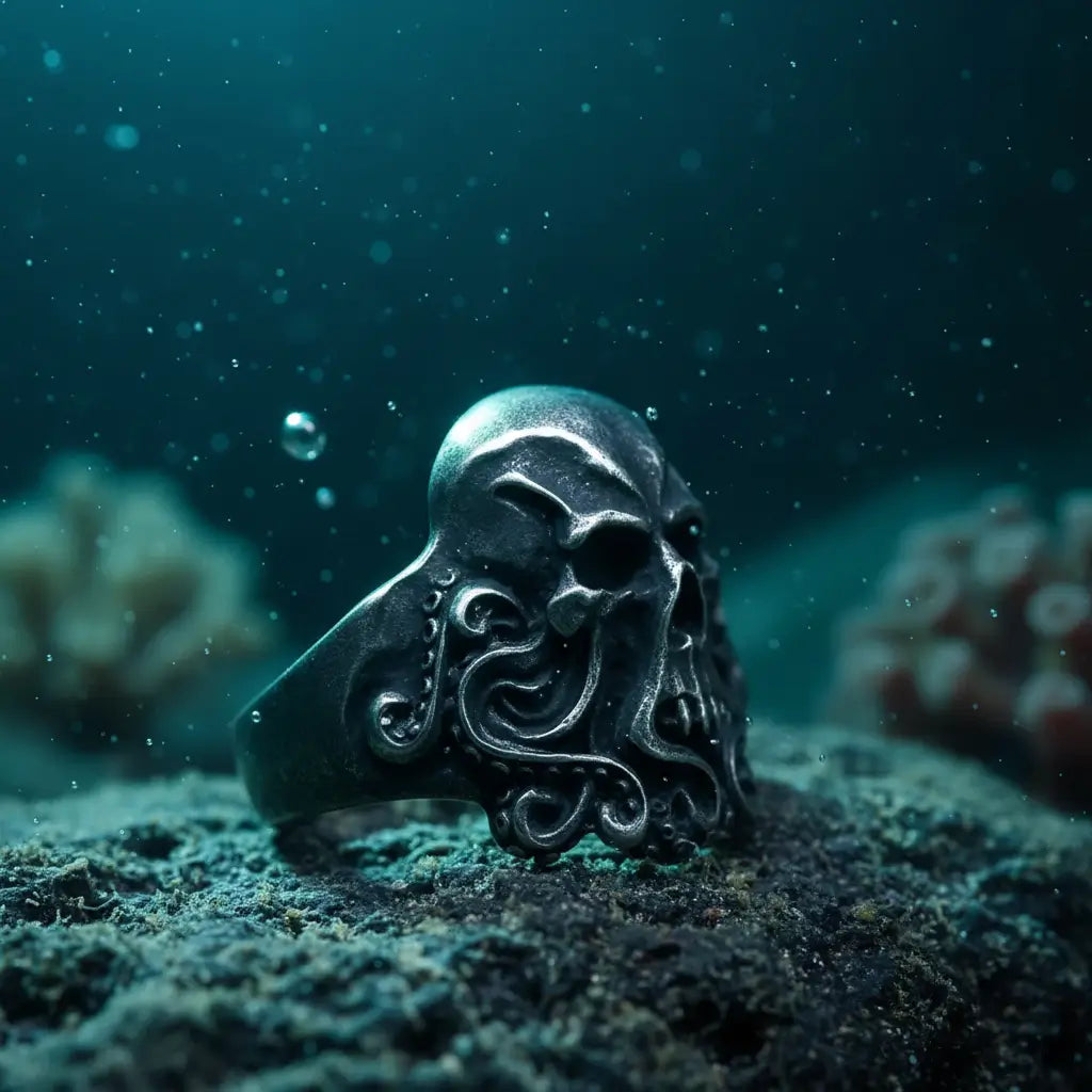 Bijou Kraken Impérial en acier 316L parmi les coraux sous-marins.