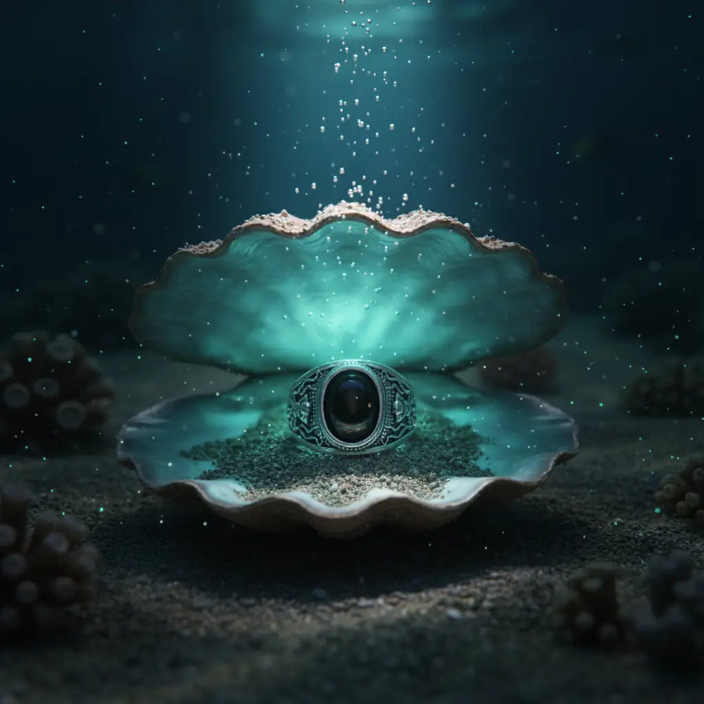 Bague Œil du Kraken reposant dans une coquille ouverte, évoquant la légende des abysses.
