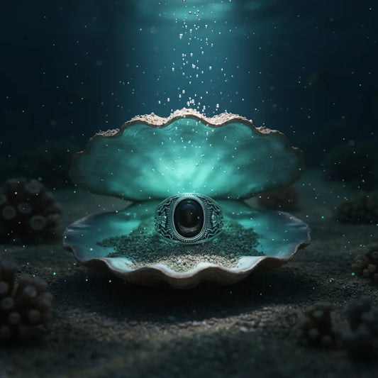 Bague Œil du Kraken reposant dans une coquille ouverte, évoquant la légende des abysses.