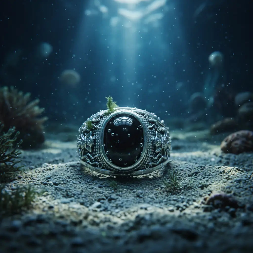 Bague Œil du Kraken reposant au fond de l’océan, atmosphère abyssale et mystérieuse.