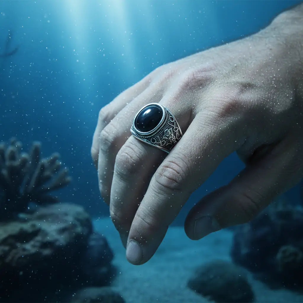 Main masculine portant la bague Œil du Kraken dans les profondeurs bleutées de la mer.