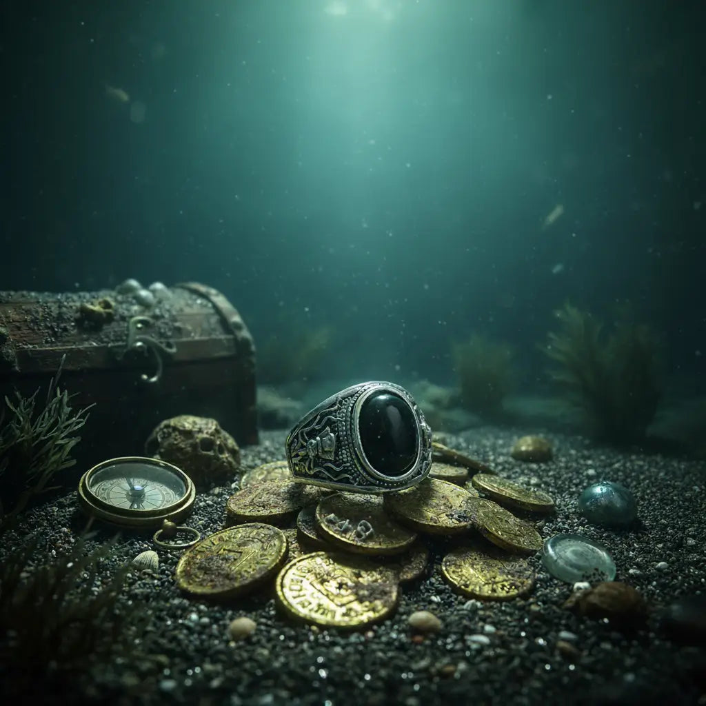 Bague Œil du Kraken posée sur des pièces d’or et un coffre englouti dans un décor marin.