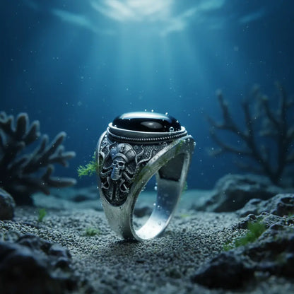 Bague Œil du Kraken posée sur le sable marin, illuminée par les rayons de lumière sous-marins.