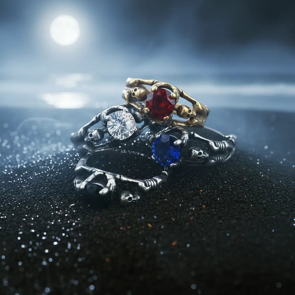 Quatre bague du Pacte Scellée entassées les unes sur les autres dans une atmosphère rituelle nocturne sur un sable noir.
