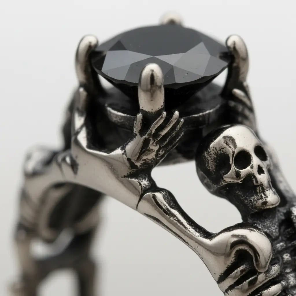 Détail du crâne sculpté sur la Bague du Pacte Scellé.