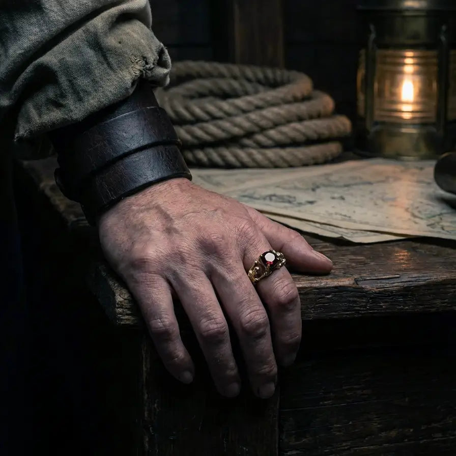 Bague du Pacte Scellé dorée avec la pierre rouge, portée par un homme dans l’univers Ténèbres.