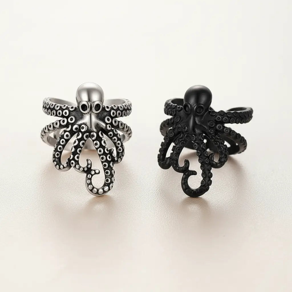 Bague pieuvre enroulée noire et argent sur fond blanc.