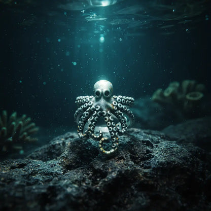 Bijou pieuvre enroulée dans un décor sous-marin éclairé par la lumière filtrante.