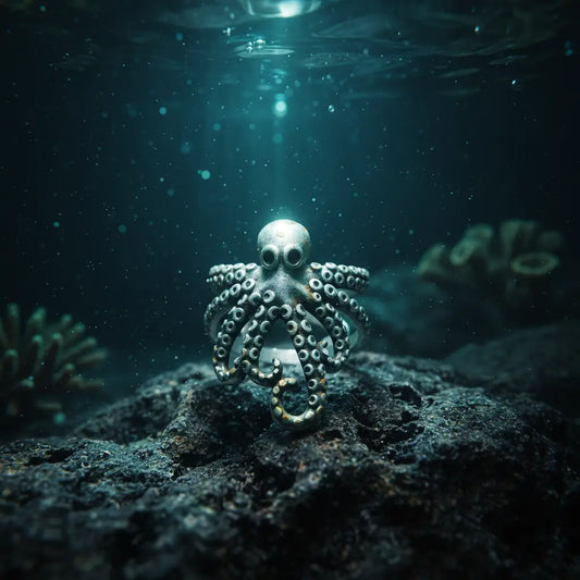 Bijou pieuvre enroulée dans un décor sous-marin éclairé par la lumière filtrante.
