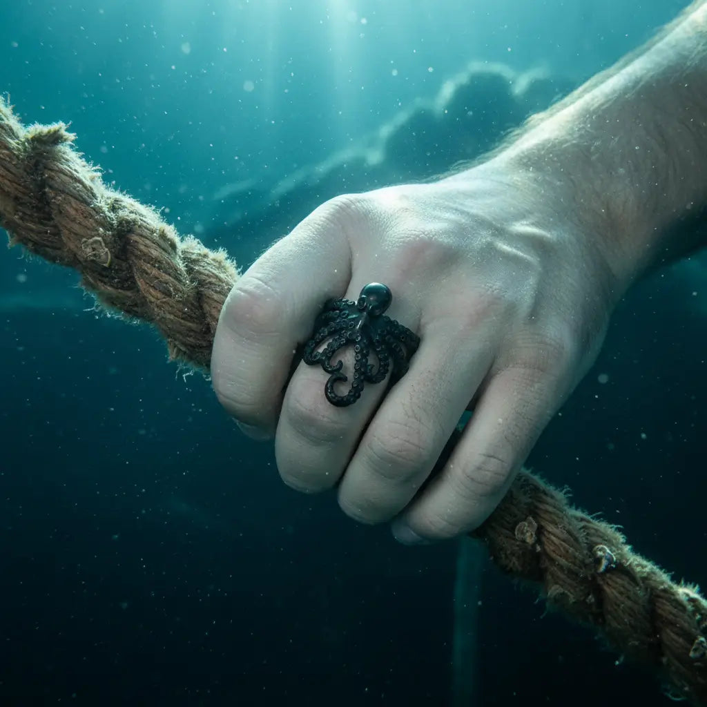 Homme portant la bague pieuvre enroulée, main sur une corde de navire.
