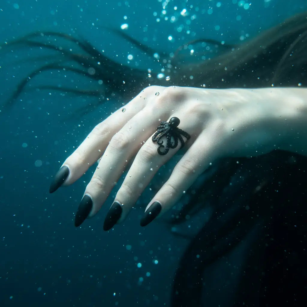 Main féminine portant la bague pieuvre enroulée dans les profondeurs marines.