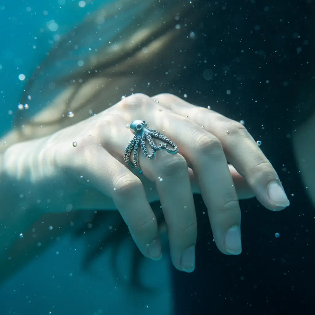 Bague pieuvre enroulée portée par une femme sous l’eau, ambiance abyssale.