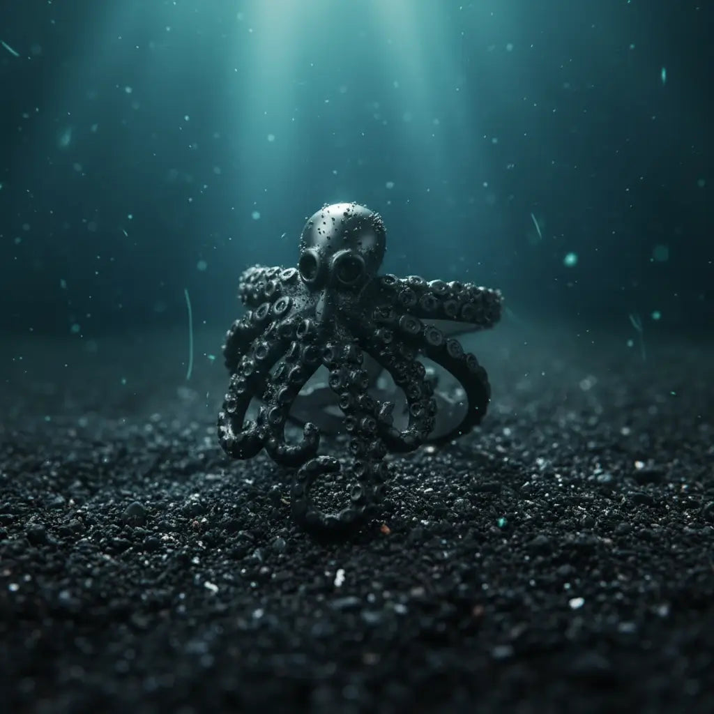 Bague pieuvre enroulée noire posée sur le sable marin dans les profondeurs.