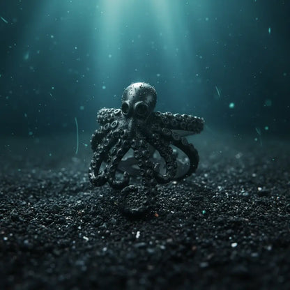 Bague pieuvre enroulée noire posée sur le sable marin dans les profondeurs.