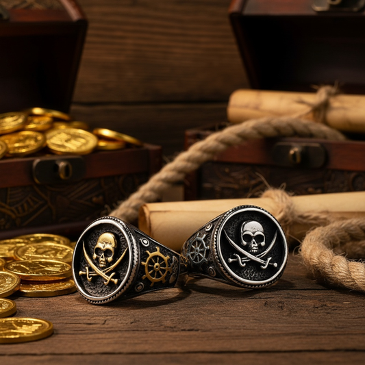 Bague pirate crâne et sabres croisés posée sur une carte au trésor et des pièces d’or.
