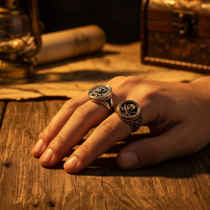 Bague pirate portée par un homme, crâne et sabres croisés, style aventurier.