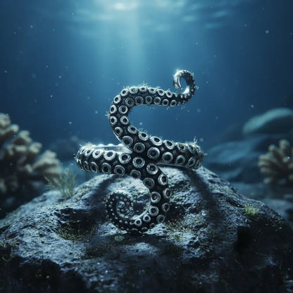 Bague tentaculaire argentée immergée dans une ambiance sous-marine.