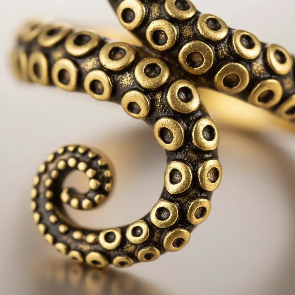 Détail des ventouses sculptées de la bague tentaculaire abyssale.