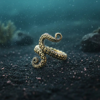 Bague tentaculaire dorée posée sur le fond marin dans un décor abyssal.