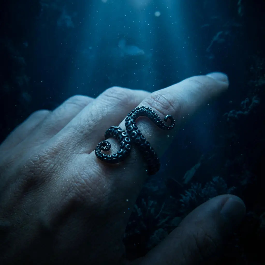 Bague tentaculaire portée à la main dans une ambiance marine nocturne.