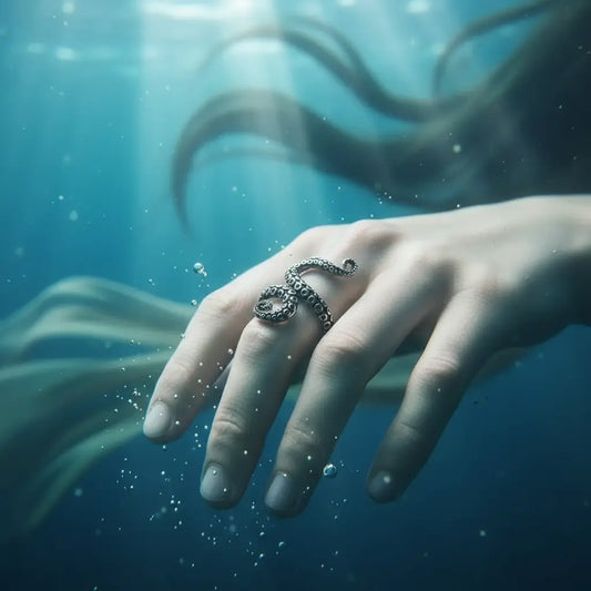 Bague tentaculaire portée sous l’eau dans une scène abyssale.