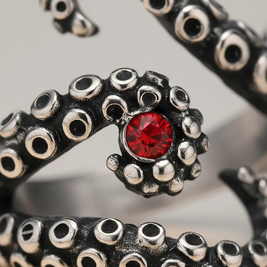 Détail de la bague des tentacules argentées avec pierre rouge sertie et motifs tentaculaires.