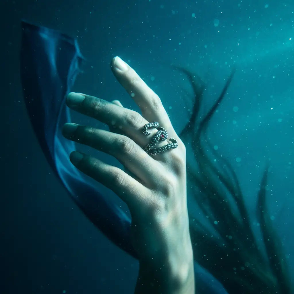 Main émergente dans l’eau portant la bague des tentacules argentées, atmosphère abyssale.