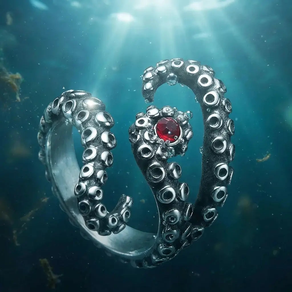 Bague des tentacules argentées immergée sous l’eau, évoquant les profondeurs abyssales.