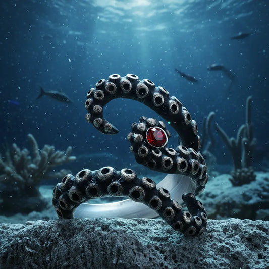 Bague des tentacules argentées posée sur un fond marin rocheux dans les abysses.