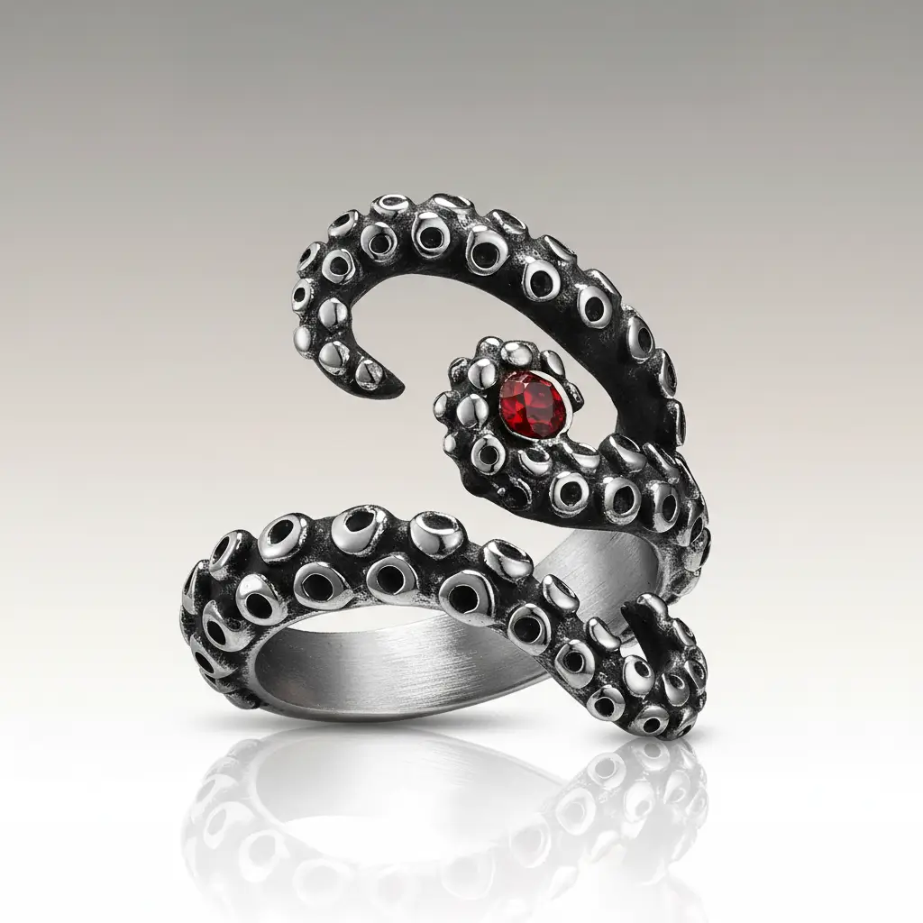 Bague des tentacules argentées avec pierre rouge centrale sur fond clair.